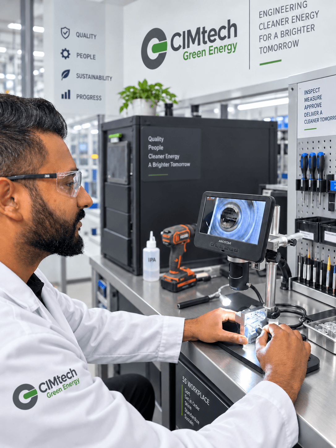 CIMtech Green Energy quality technician inspecting a precision part under a digital microscope