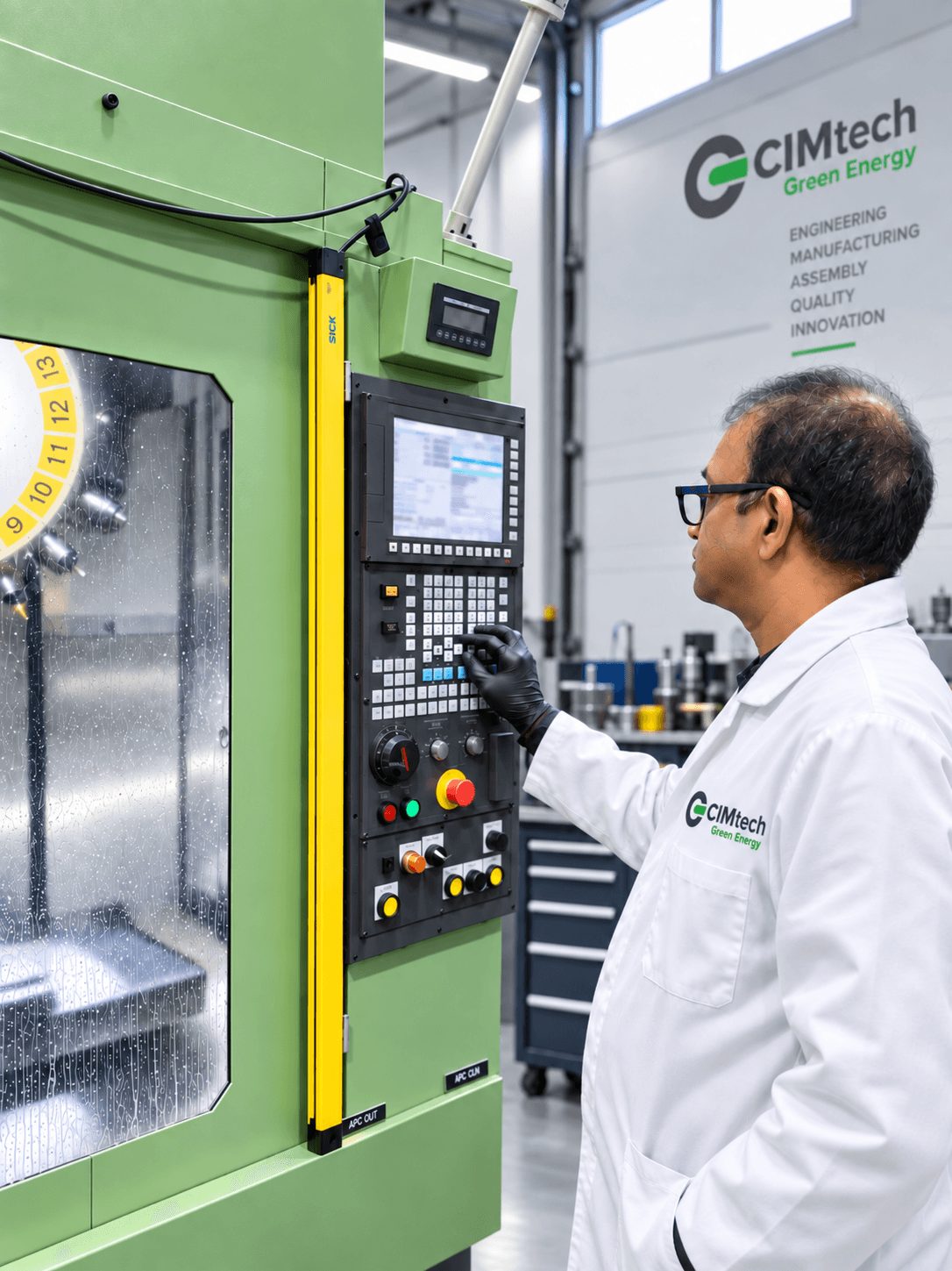 CIMtech Green Energy operator at a CNC control panel on the manufacturing floor