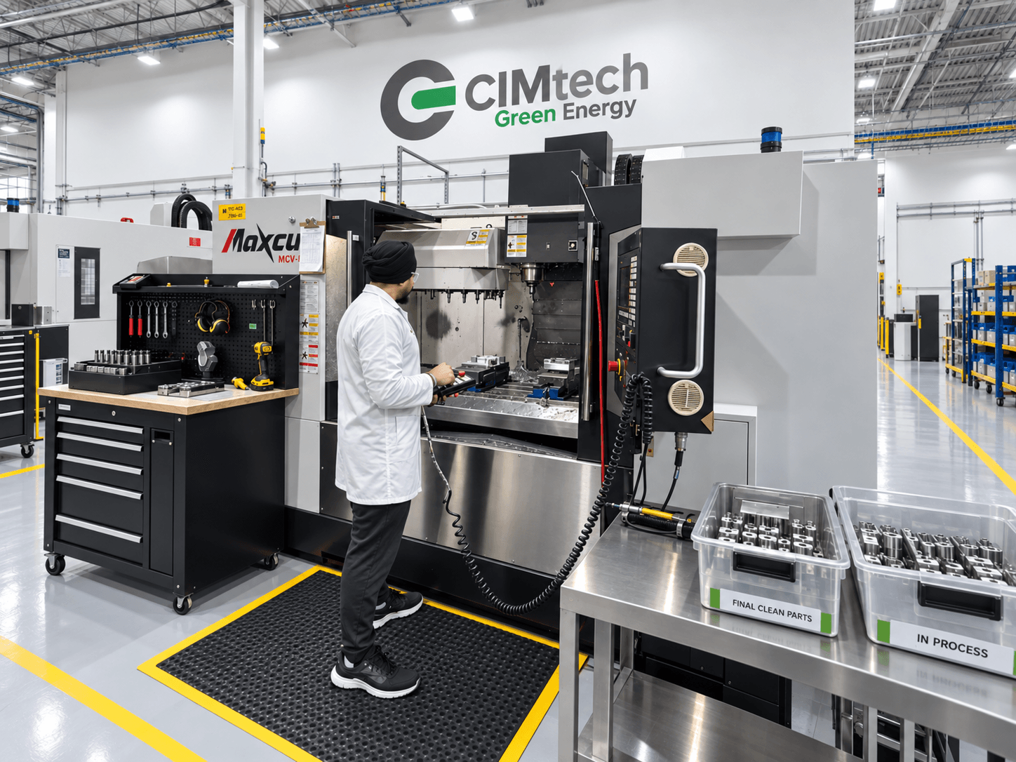Operator at a Maxcut CNC machine on the CIMtech Green Energy manufacturing floor