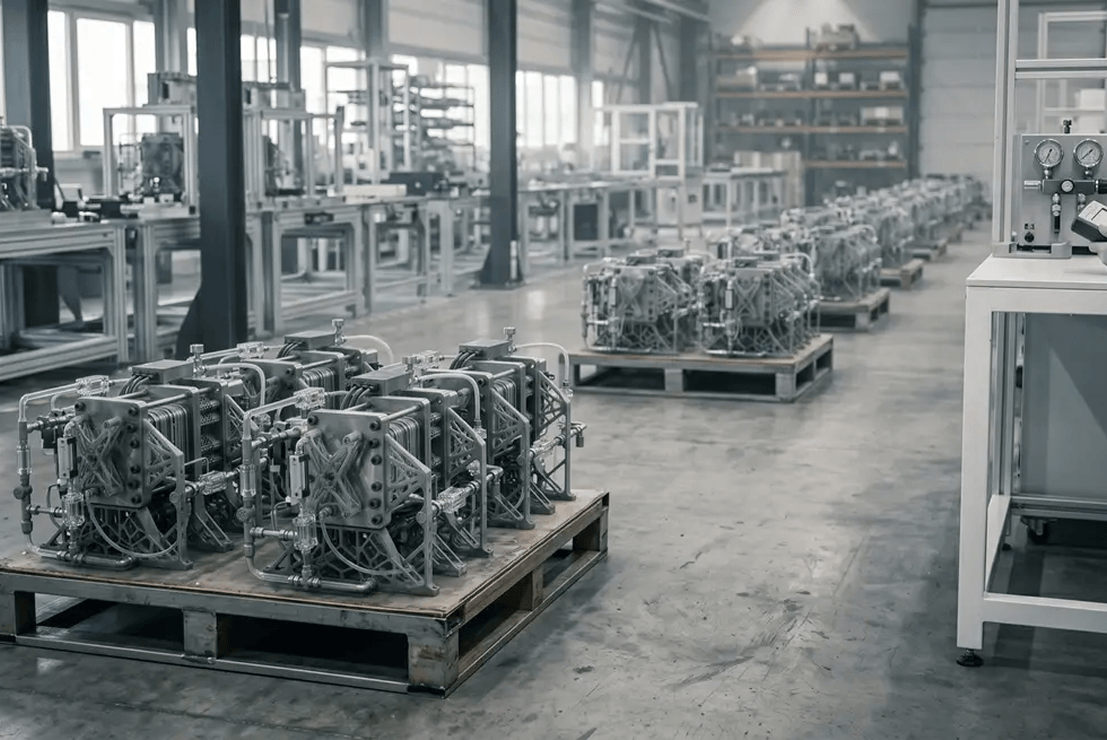 Rows of fuel cell stack assemblies on pallets across the CIMtech Green Energy production floor