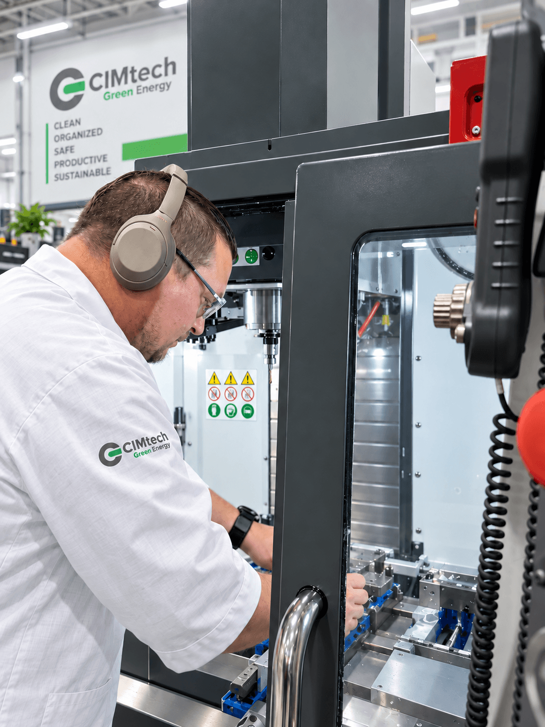 CIMtech Green Energy operator at a CNC machine on the manufacturing floor