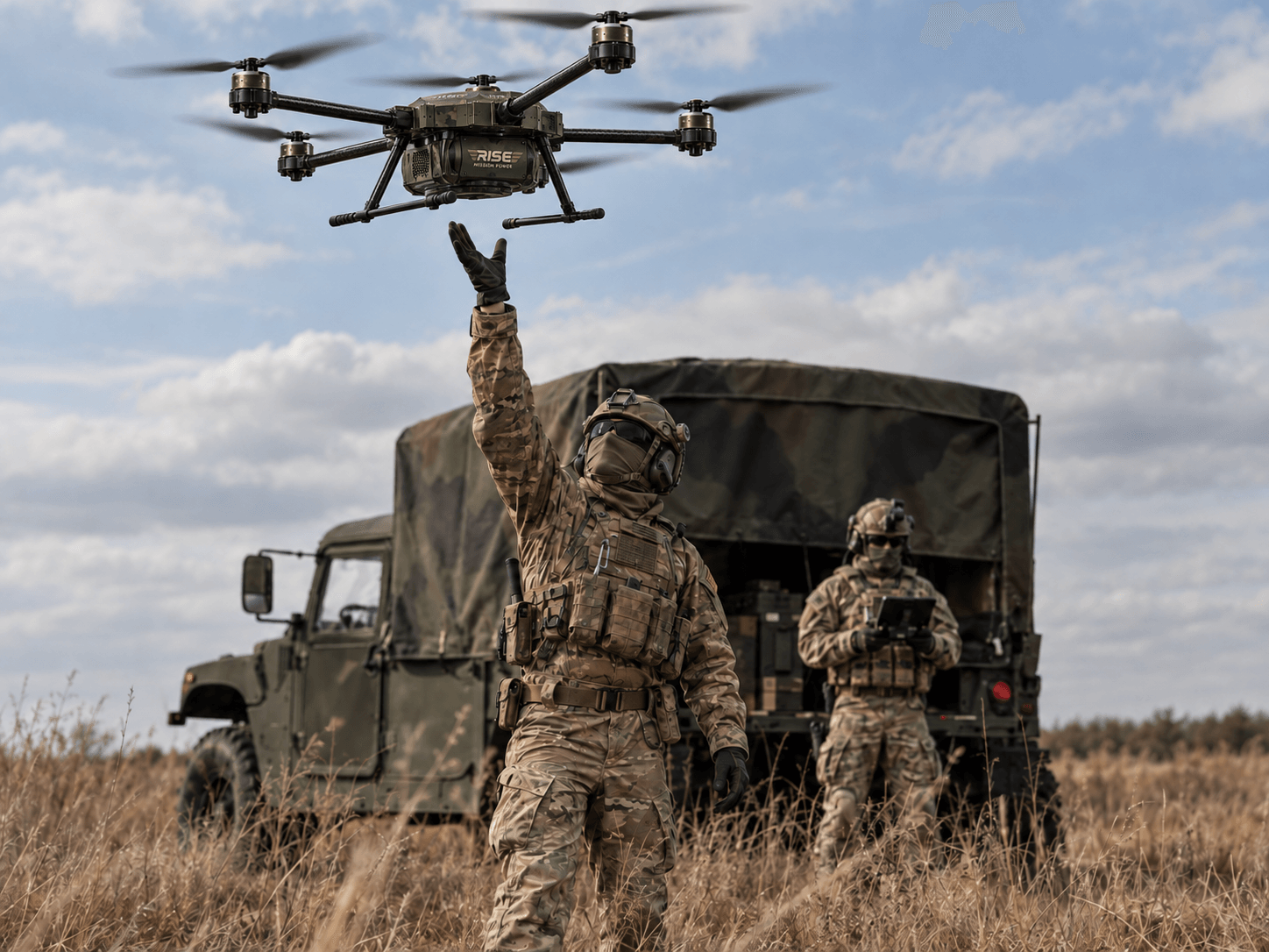 Military drone powered by Rise Mission Power portable clean energy in the field