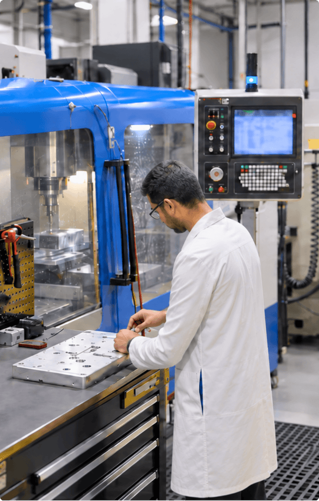 CIMtech engineer at a workbench beside CNC equipment