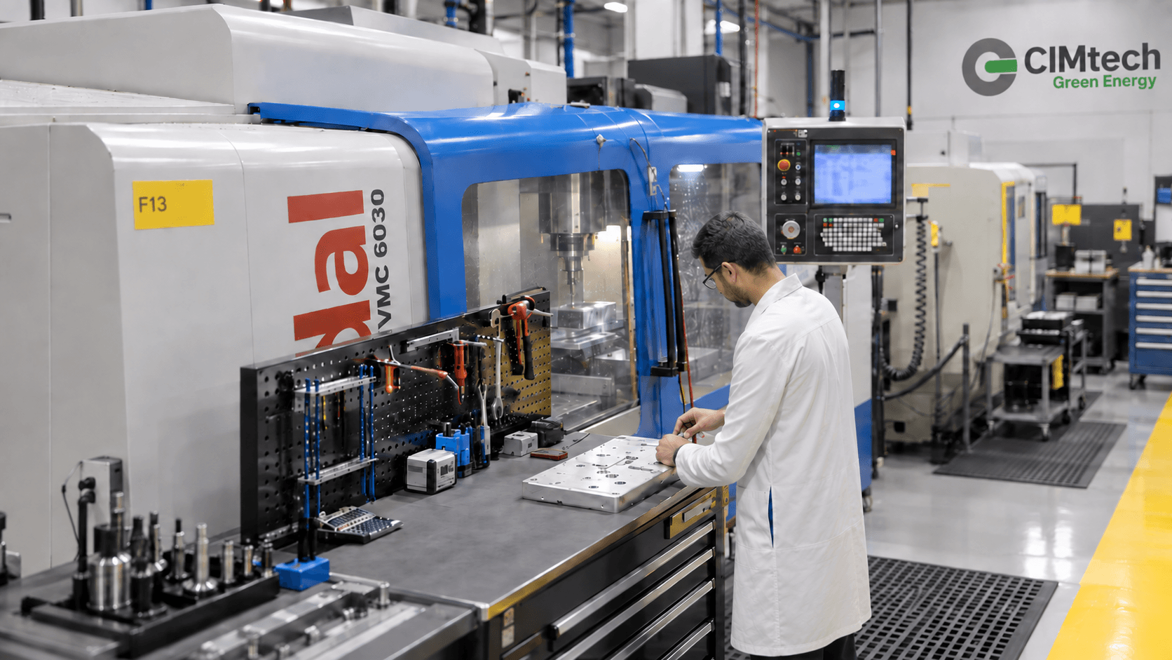 CIMtech Green Energy operator inspecting a precision component on a measuring machine