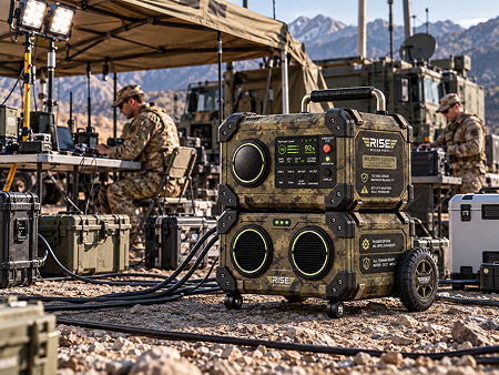 Operator with Rise stacked portable power units supporting field electronics at sunset