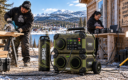 Rise Mission Power portable power stack powering outdoor tools at a snowy mountain worksite