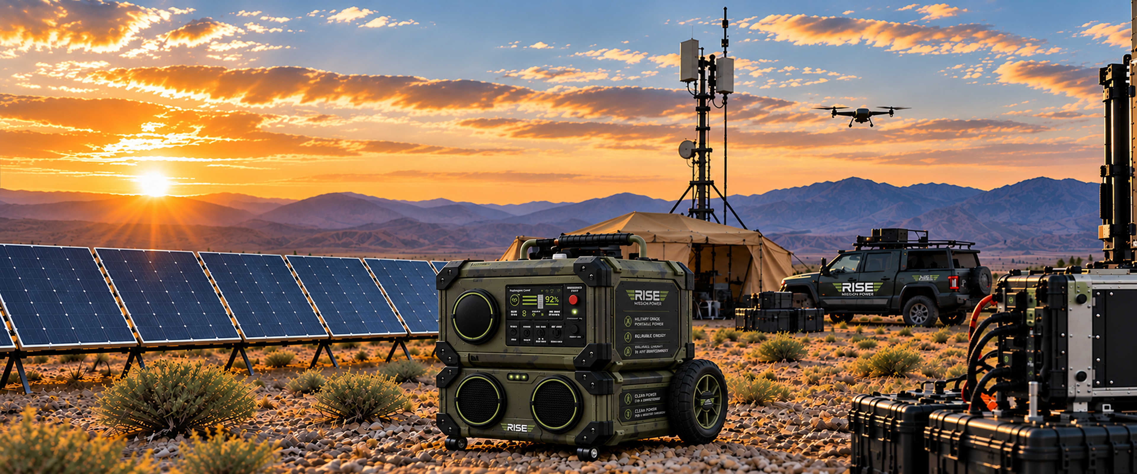 Rise Mission Power portable power unit at a desert field camp with solar panels, tent, communications tower, and drone at sunset
