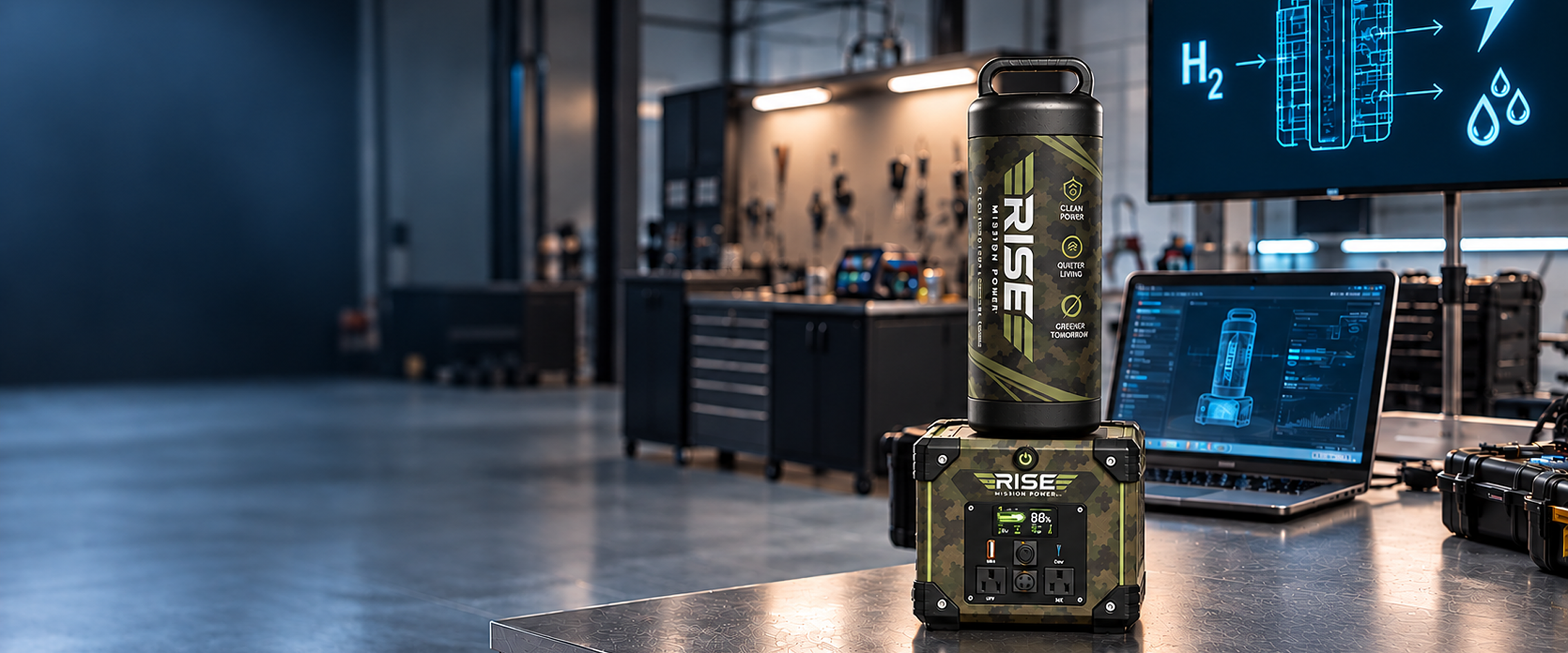 Rise Mission Power portable power units and hydrogen cartridge on a workshop bench