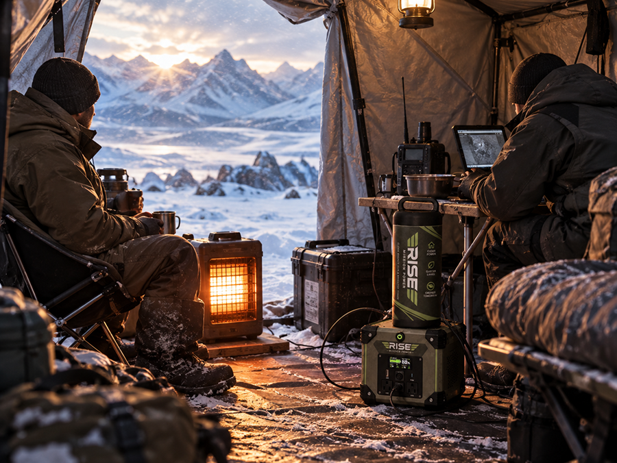 Military field post with Rise Mission Power units supporting laptop and communications gear in a mountain tent