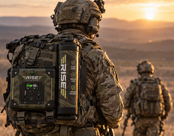 Rise-Sentinel backpack power system on a soldier in mountain terrain at sunset