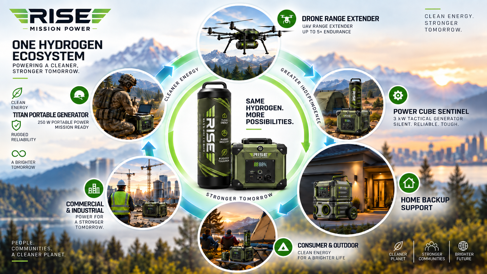 One hydrogen ecosystem diagram showing Rise Mission Power systems for UAV range extender, tactical generator, home backup, outdoor, commercial, and portable field power
