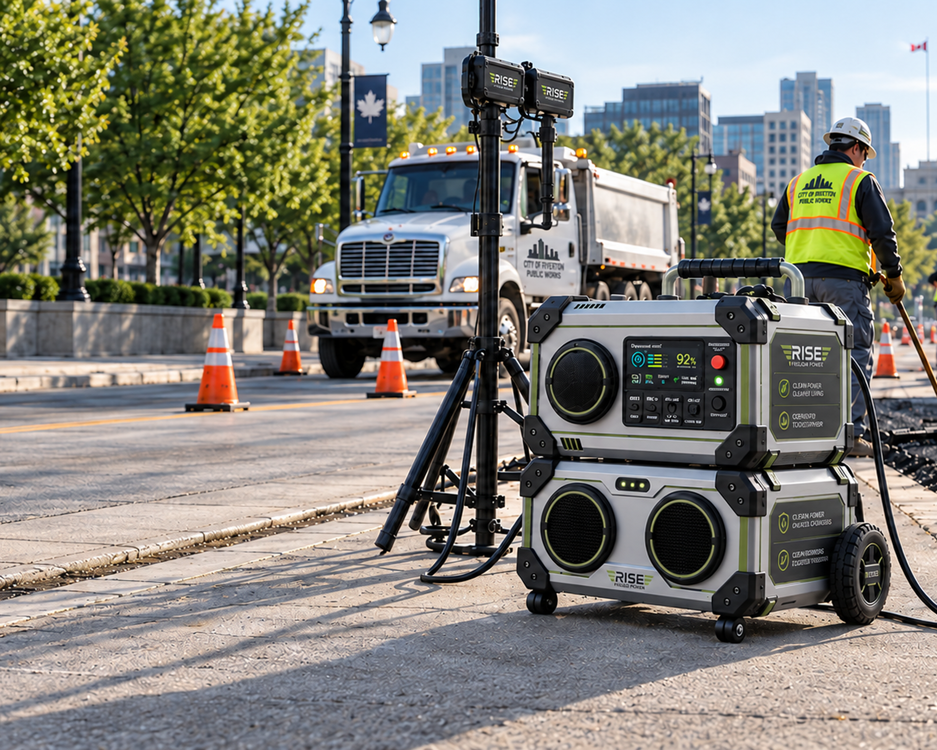Rise Mission Power portable power units powering a tactical command tent at dusk