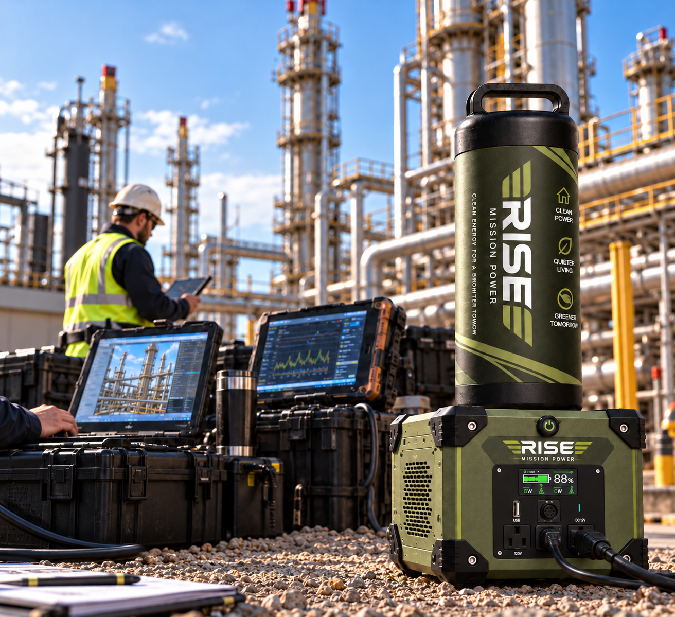 Industrial monitoring scene with Rise Mission Power at a process facility