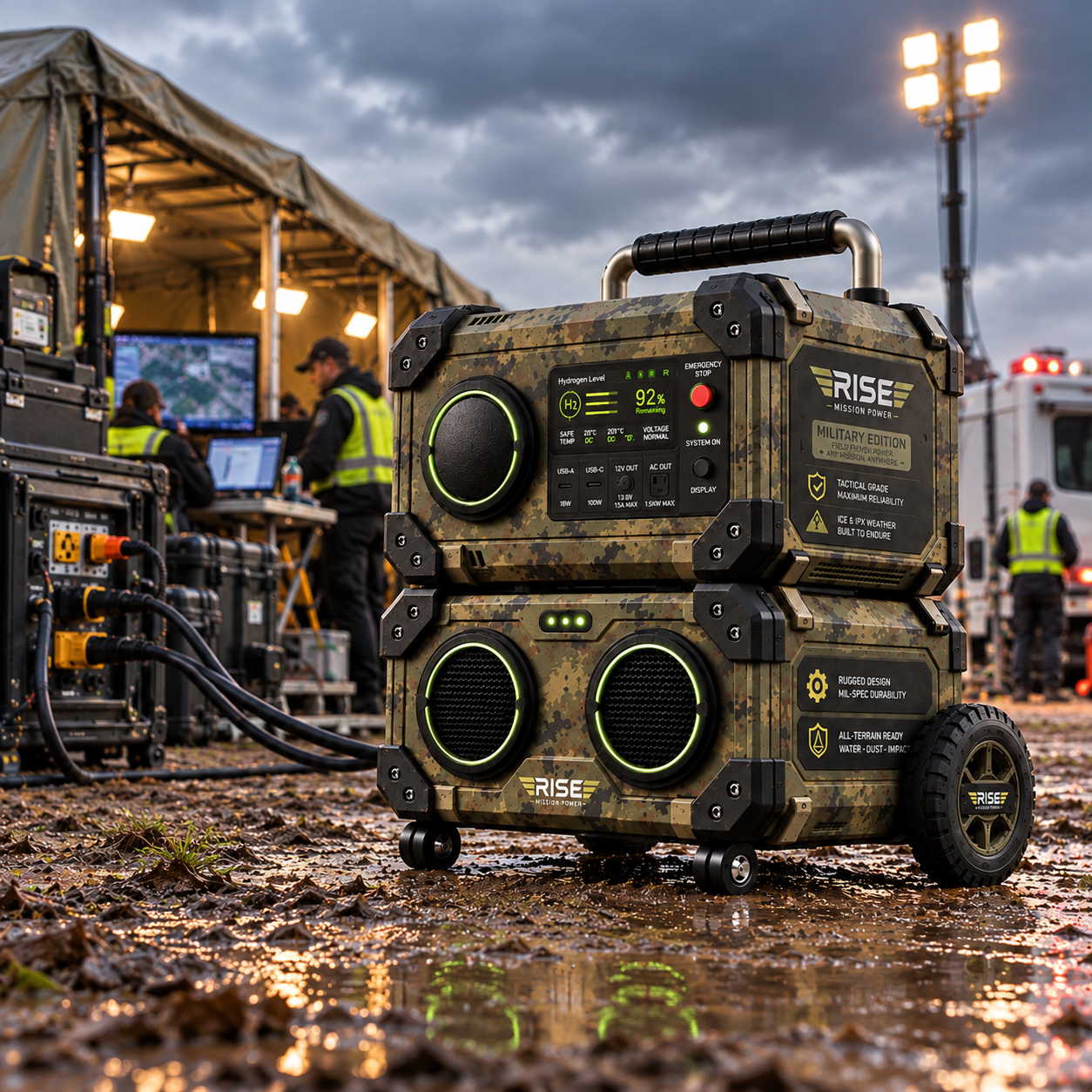 Camouflage power station in muddy field operations