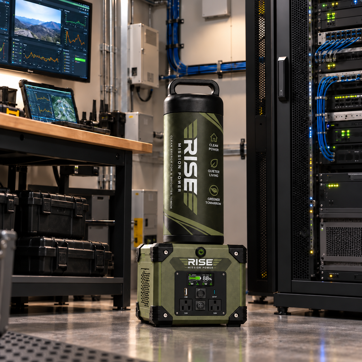 Olive green Rise Mission Power station beside a server rack