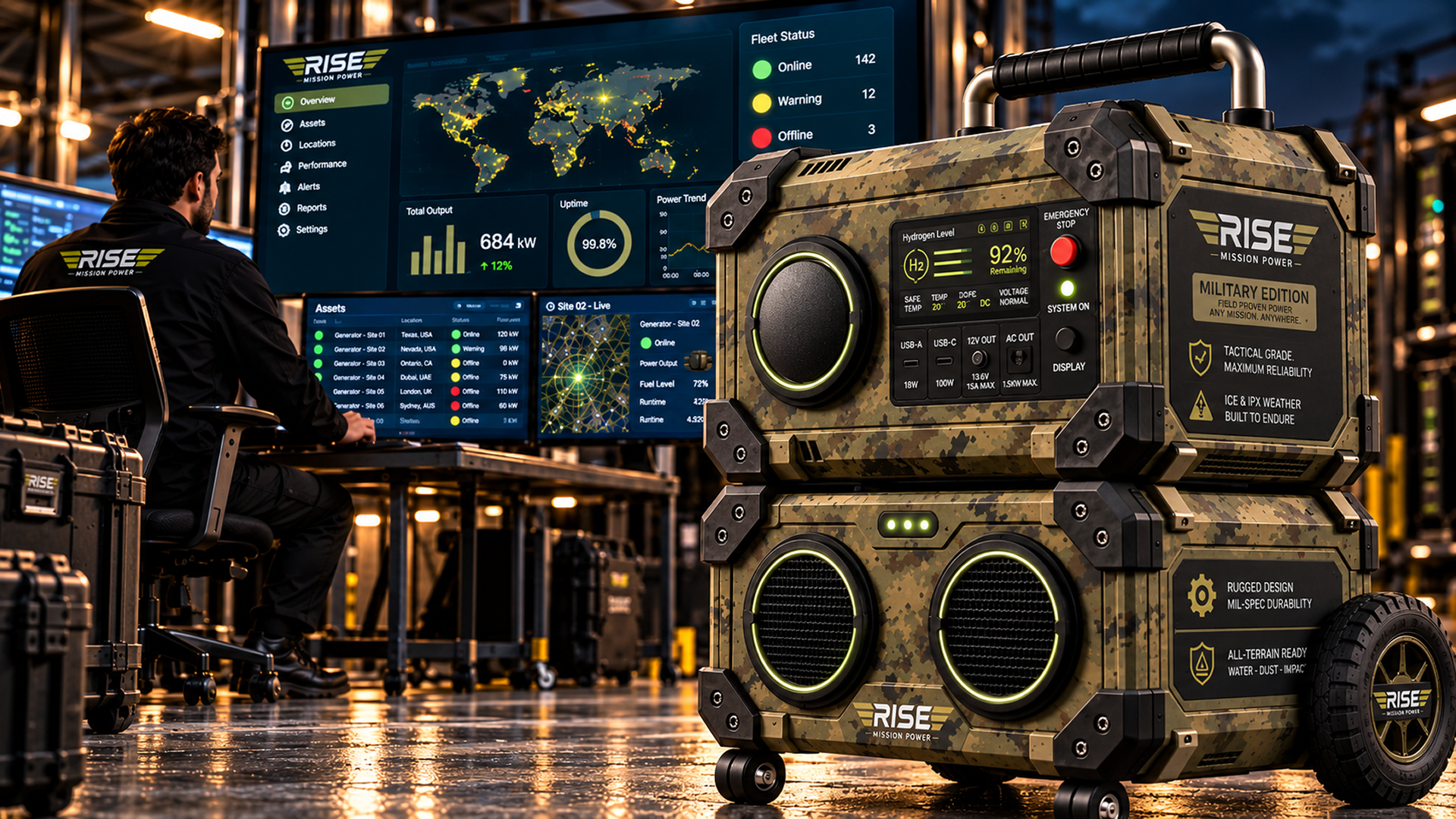 Tactical power command center with fleet monitoring and a Rise Mission Power station