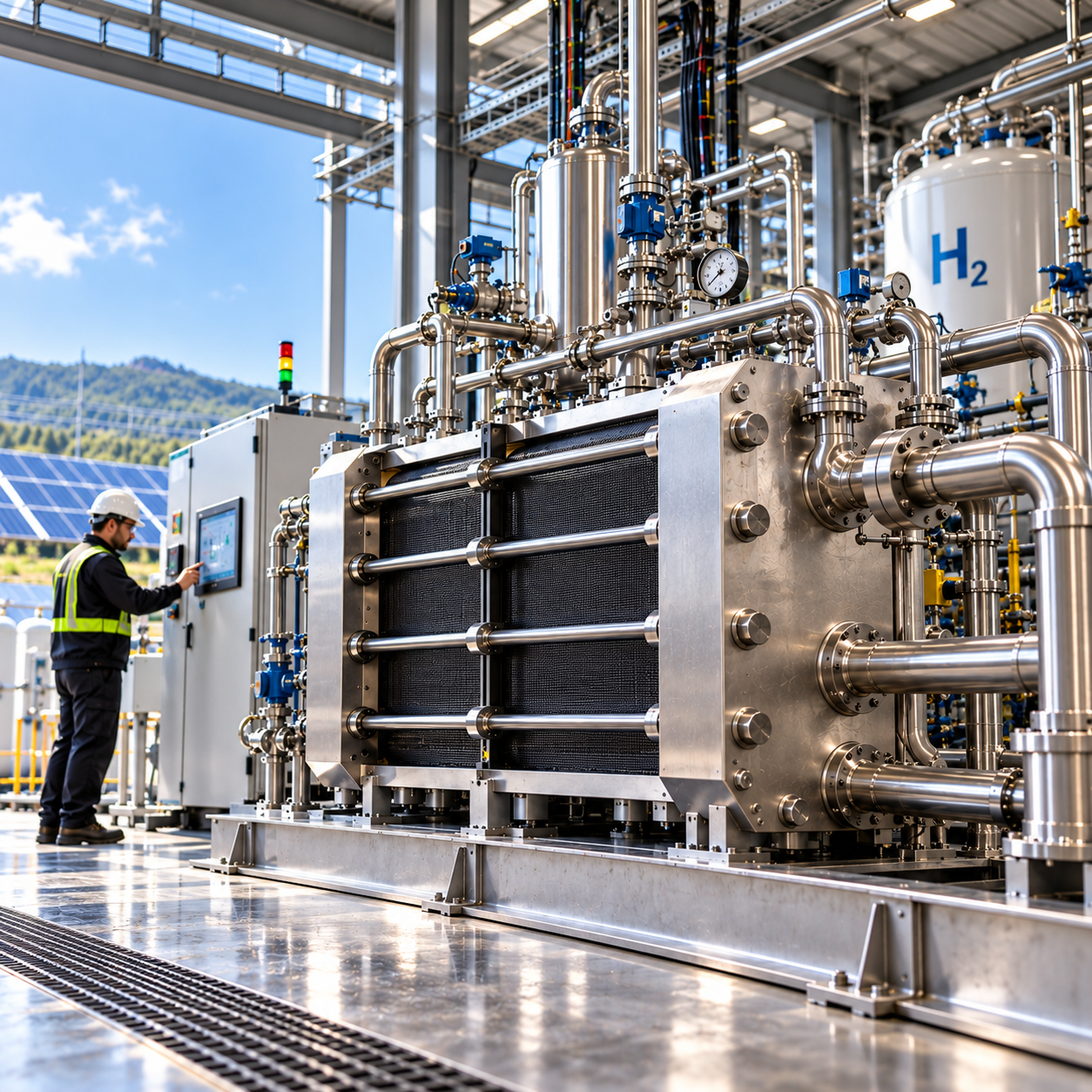 Hydrogen processing skid with an operator
