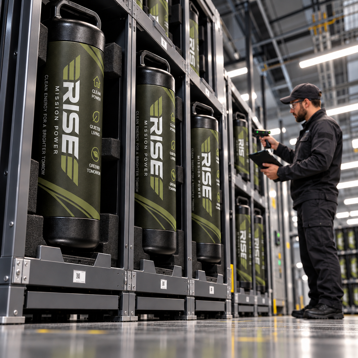 Technician scanning Rise Mission Power cartridges in a data center