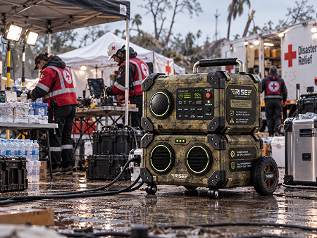 Disaster-relief crew using stacked Rise Mission Power units at a muddy emergency camp with water supplies and a relief truck