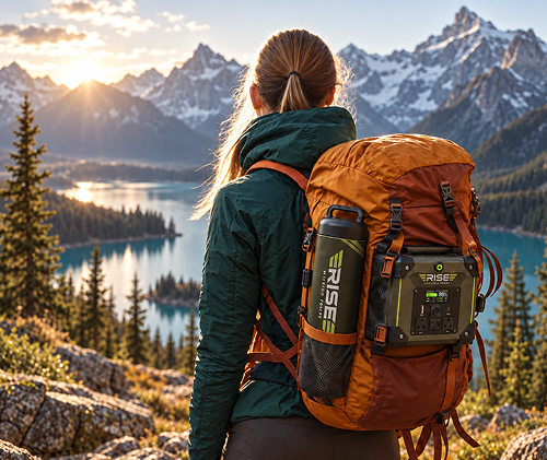 Hiker overlooking a turquoise alpine lake and snow-capped mountains at sunrise with a Rise Mission Power portable power unit strapped to an orange backpack