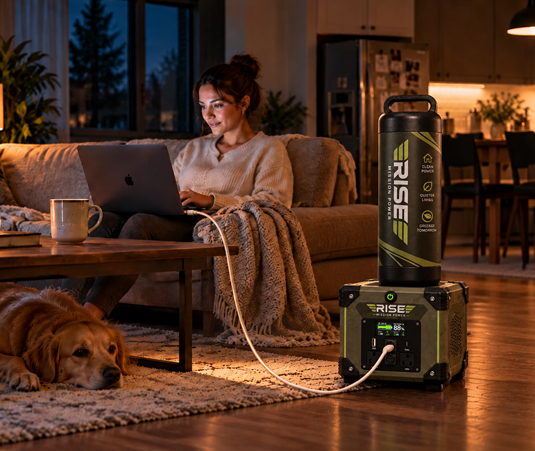 Woman working on a laptop in a living room at night with a Rise Mission Power portable power unit and hydrogen cylinder nearby and a dog resting on the rug
