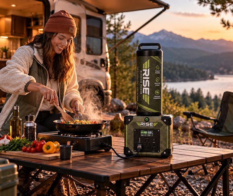 Camper cooking at an RV site at sunset with a Rise Mission Power portable power unit powering an electric cooktop on a folding table