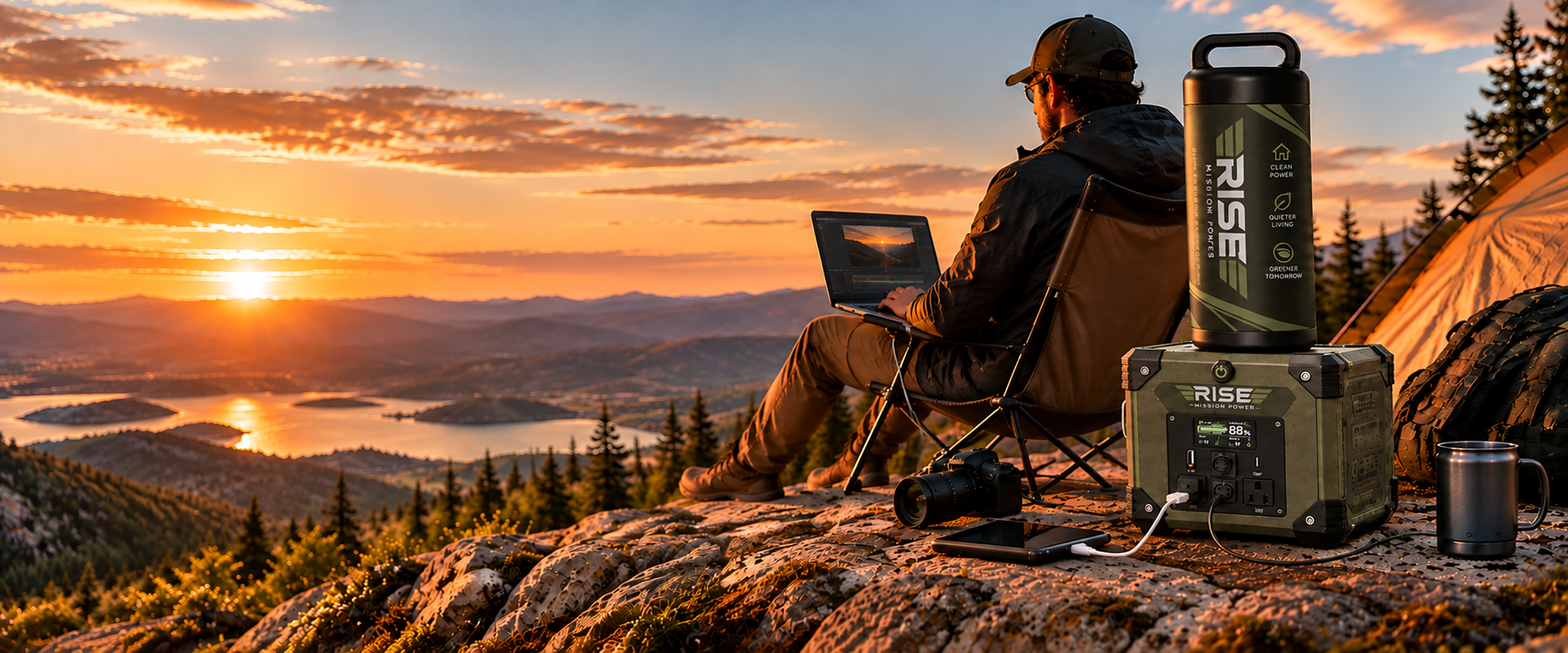 Camper using a laptop powered by Rise Mission Power portable hydrogen system at a mountain overlook at sunset