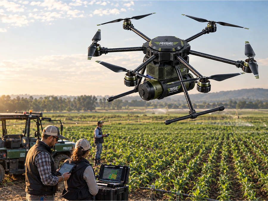 Rise-Falcon hydrogen drone range extender delivering a package at sunset